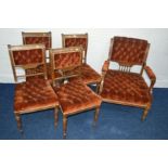 AN EDWARDIAN WALNUT FIVE PIECE PARLOUR SUITE comprising of a gentleman's armchair and six chairs,