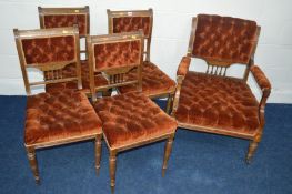 AN EDWARDIAN WALNUT FIVE PIECE PARLOUR SUITE comprising of a gentleman's armchair and six chairs,