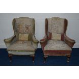 A PAIR OF EARLY 20TH CENTURY WING BACK ARMCHAIRS upholstered in two colours, pink and green, each