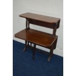 AN EDWARDIAN WALNUT TWO TIER DUMB WAITER, of a square form with canted corners and turned