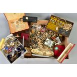 A BOX OF MAINLY VINTAGE COSTUME JEWELLERY, to include a pair of Christian Dior ear clips, two