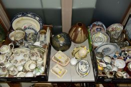 FOUR BOXES AND LOOSE OF CERAMICS AND GLASSWARE AND LOOSE ITEMS, including two large Studio Pottery