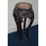 A CHINESE ROSEWOOD CIRCULAR TOPPED JARDINIERE STAND, with veined marble inset on four shaped legs,
