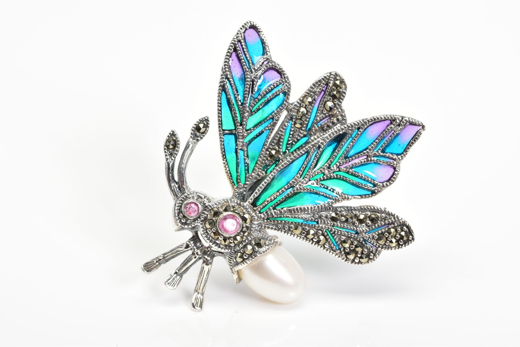 A PLIQUE-A-JOUR GEM AND MARCASITE BUG BROOCH, designed with green, blue and purple plique-a-jour