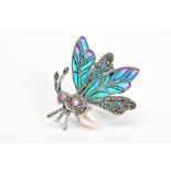 A PLIQUE-A-JOUR GEM AND MARCASITE BUG BROOCH, designed with green, blue and purple plique-a-jour