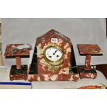 FRENCH MARBLE ART DECO CLOCK GARNITURE, enamel dial with Arabic numerals, movement signed 'Society