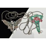 TWO PLIQUE-A-JOUR PENDANT NECKLACES, the first of floral design with green and red enamel,
