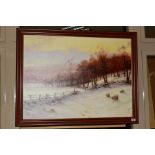 JOSEPH FARQUARSON (1846-1935) a modern print on canvas of sheep in a snowy landscape, framed image