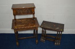 AN OAK BIBLE BOX on twin legs, together with a late 20th Century oak nest of three tables and an oak