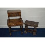 AN OAK BIBLE BOX on twin legs, together with a late 20th Century oak nest of three tables and an oak