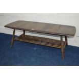 A DARK ERCOL ELM COFFEE TABLE, with a spindled under shelf, width 105cm x depth 46cm x height 36cm