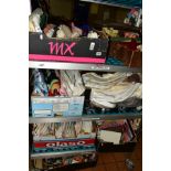 SIX BOXES AND LOOSE SEWING AND HABERDASHERY ITEMS, to include linen and fabrics, wooden work boxes