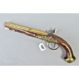 A 21 BORE BRASS BARREL FLINTLOCK HOLSTER PISTOL dating from the late 1700's, it's 8'' brass barrel