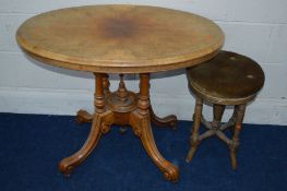 A LATE 19TH CENTURY BURR WALNUT CENTRE TABLE on a scrolled base together with an Edwardian swivel