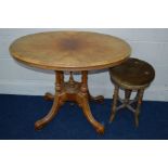 A LATE 19TH CENTURY BURR WALNUT CENTRE TABLE on a scrolled base together with an Edwardian swivel