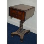 A VICTORIAN MAHOGANY DROP LEAF WORK TABLE, with two drawers in bobbin turned support and a triform