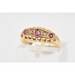 AN EARLY 20TH CENTURY 18CT GOLD RUBY AND DIAMOND RING, the boat shaped top panel set with a line