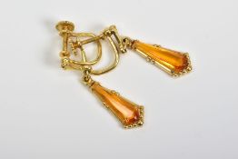 A PAIR OF PASTE DROP EARRINGS, each designed as a kite shape orange paste drop suspended from a
