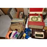 A BUSH BROWN BAKELITE RADIO, Type DAC 10, a red and cream Dansette Conquest Auto record player, a