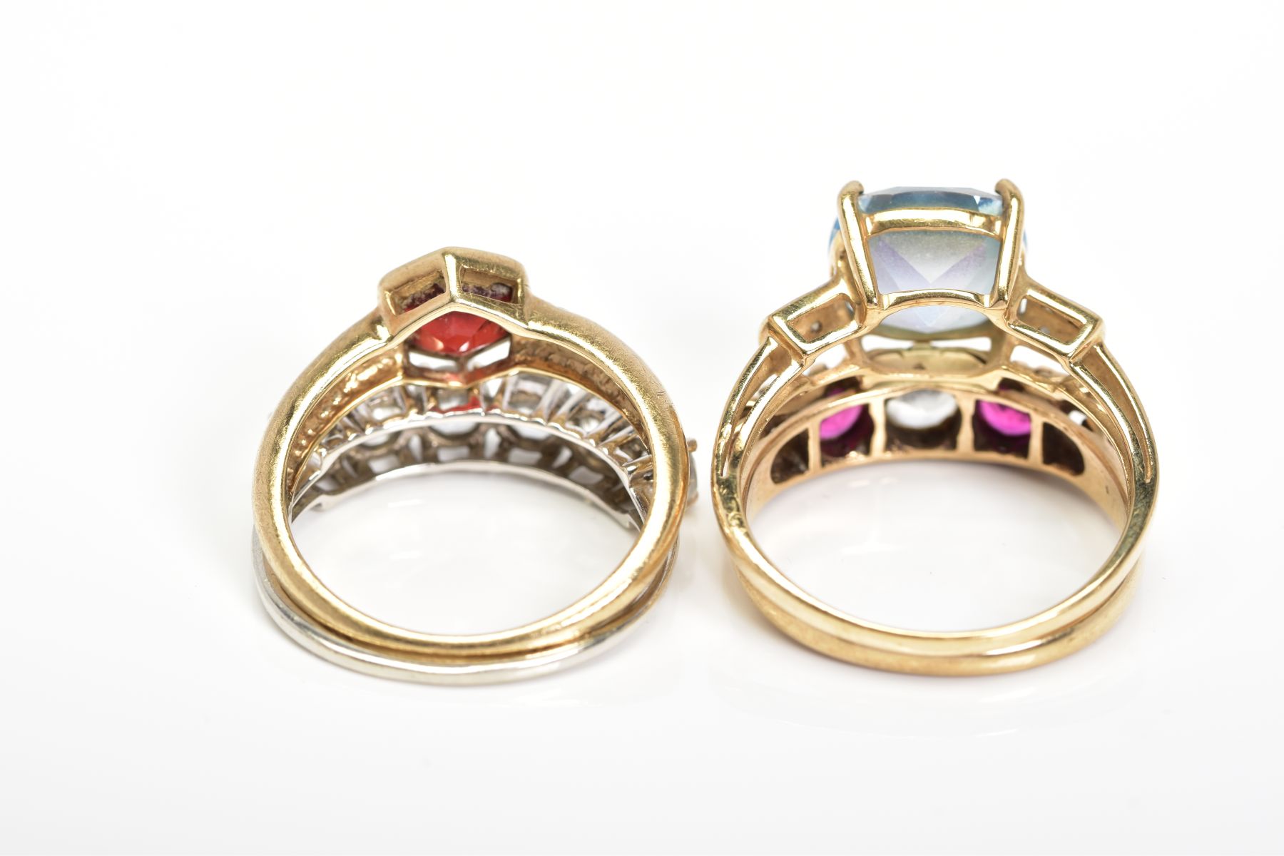 FOUR 9CT GOLD GEM SET RINGS, the first collet set with a central hexagonal garnet and flush set with - Image 3 of 4