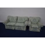 A MULTI YORK FLORAL GREEN UPHOLSTERED TWO PIECE LOUNGE SUITE comprising a two seater settee, width