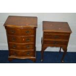 A MODERN MAHOGANY SERPENTINE CHEST OF FOUR DRAWERS together with a two drawer bedside cabinet (2)
