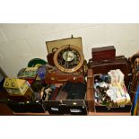 THREE BOXES AND A CASE AND LOOSE WALKING STICKS AND UMBRELLAS, leather bag and box, assorted tins