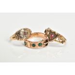THREE LATE 19TH TO EARLY 20TH CENTURY 9CT GOLD GEM SET RINGS, one of buckle design set with three