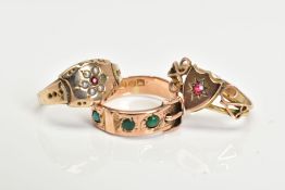 THREE LATE 19TH TO EARLY 20TH CENTURY 9CT GOLD GEM SET RINGS, one of buckle design set with three