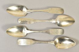 A SET OF FOUR GEORGE III IRISH SILVER FIDDLE PATTERN TEASPOONS, engraved initials, maker Samuel