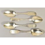 A SET OF FOUR GEORGE III IRISH SILVER FIDDLE PATTERN TEASPOONS, engraved initials, maker Samuel