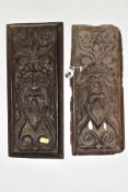 TWO CARVED TREEN PANELS, of rectangular form, 17th Century and later, carved with identical mask and