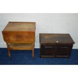 AN OAK PANELLED BLANKET CHEST together with an oak drop leaf tea trolley (2)