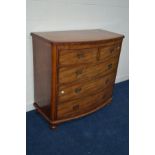 A 19TH CENTURY MAHOGANY BOWFRONT CHEST OF TWO SHORT AND THREE LONG DRAWERS with later brass