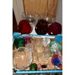 A QUANTITY OF COLOURED AND CLEAR GLASSWARE, in a box and loose, including two deep Royal Doulton