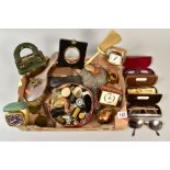 A BOX OF SILVER, METALWARES, COLLECTABLES, etc, including travel clocks, glasses and sunglasses,