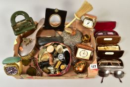 A BOX OF SILVER, METALWARES, COLLECTABLES, etc, including travel clocks, glasses and sunglasses,