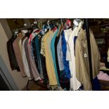 A CLOTHES RAIL OF LADIES CLOTHES including Burberry jacket, Jacques Vert three piece suit, size