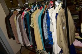 A CLOTHES RAIL OF LADIES CLOTHES including Burberry jacket, Jacques Vert three piece suit, size
