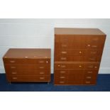 THREE MATCHING 1980'S TEAK CHESTS OF FOUR LONG DRAWERS (one chest on a plinth), width 80cm x depth