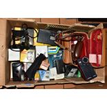 A BOX OF CAMERA/PHOTOGRAPHY EQUIPMENT, including a cased Balda 'Baldessa 1' camera with