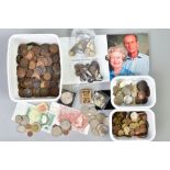 THREE PLASTIC TUBS CONTAINING UK AND WORLD COINAGE, to include a Royal Mint carded 2007 five pounds,