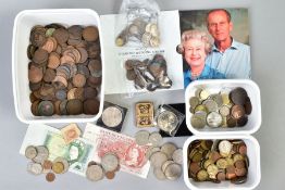 THREE PLASTIC TUBS CONTAINING UK AND WORLD COINAGE, to include a Royal Mint carded 2007 five pounds,