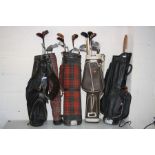 SIX GOLF BAGS including clubs of various makers and a vintage tennis racket