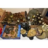 THREE BOXES AND LOOSE METALWARES including scales and weights, brass candlesticks, Art Nouveau