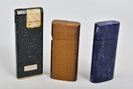 THREE LIGHTERS, the first of flip design with sodalite case, the second also flip design with tigers