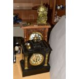 TWO LATE 19TH CENTURY MANTEL CLOCKS AND BRASS LANTERN CLOCK, comprising an oak cased eight day