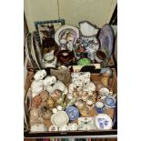 TWO BOXES CERAMICS, ORNAMENTS ETC, to include four Beswick Beatrix Potter figures 'Mrs Tiggy
