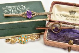 THREE GEM SET BROOCHES, a floral turquoise and seed pearl brooch, the other two set with amethyst,