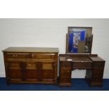 A LATE 20TH CENTURY OAK DRESSING TABLE with a single mirror and five drawers together with an oak